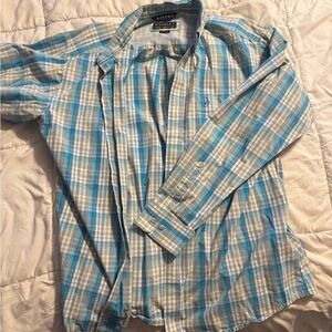 Ariat Men's Light Blue and White Plaid Shirt